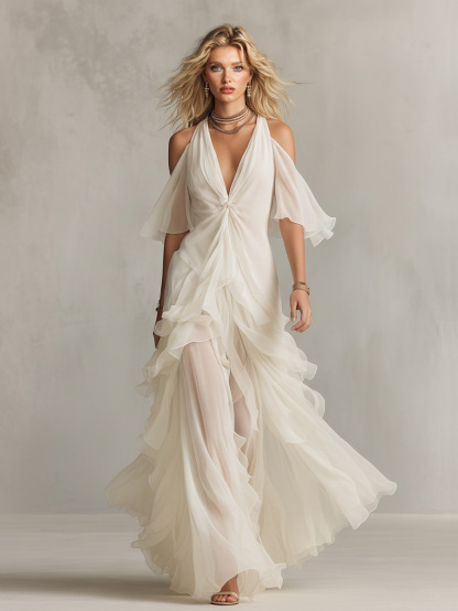 Elegant Knotted Front Layered Ruffle Maxi Dress