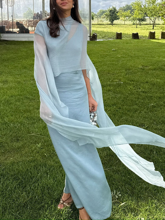 Elegant Asymmetrical Neckline Cape Cutout Maxi Dress