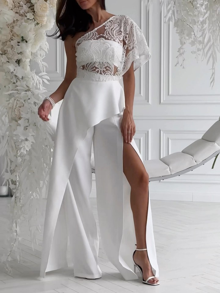 Elegant One-shoulder Lace Shawl Slit Pants Wide-leg Two-piece Set