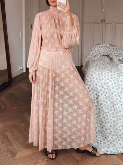 Elegant Mesh Pleated Lace High-Neck Blouse