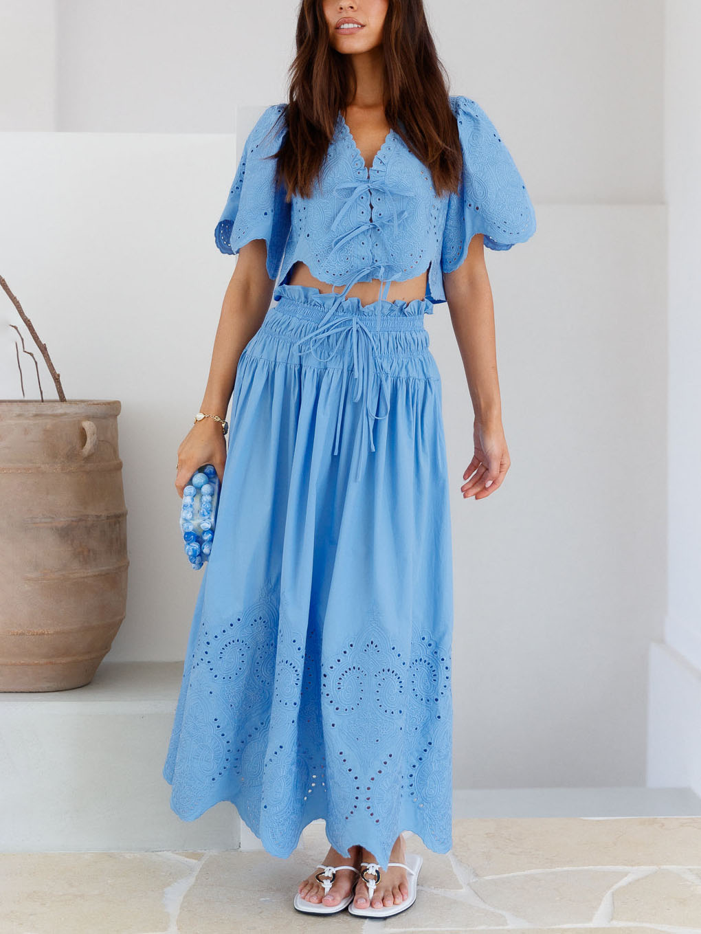 Summer Sweet Embroidered Lace Bow Tie Short Shirt