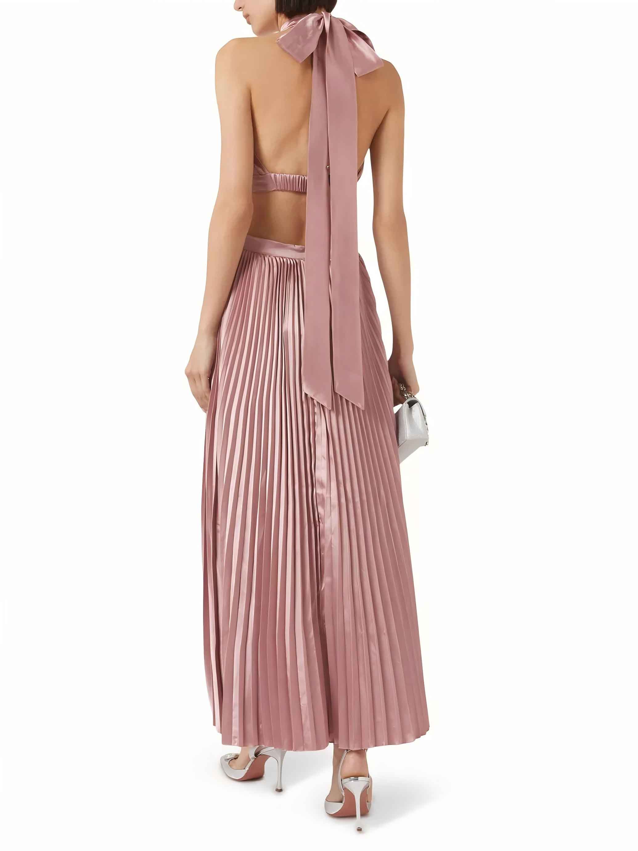 Elegant High-neck Halterneck Satin Pleated Maxi Dress