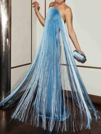 Elegant Strapless Fringe Formal Maxi Dress