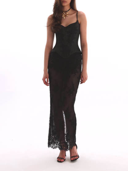 Sexy Floral Lace Sheer Maxi Skirt