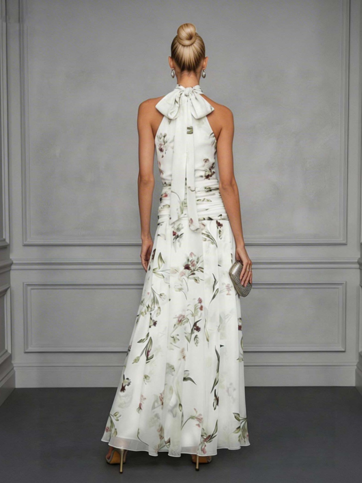 Elegant Ruffled Floral Chiffon Backless Maxi Dress