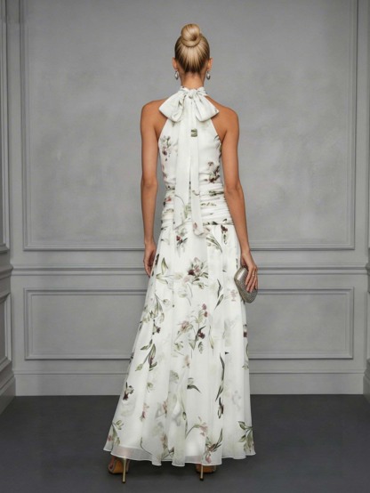 Elegant Ruffled Floral Chiffon Backless Maxi Dress