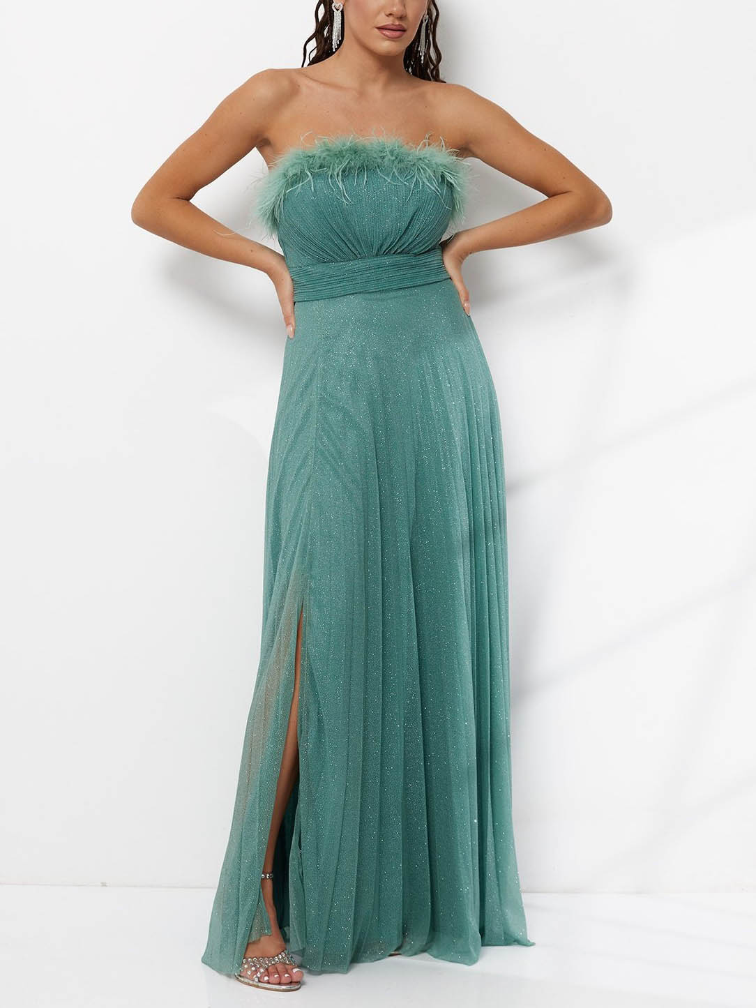 Elegant Feather Trim Shimmer Strapless Maxi Dress