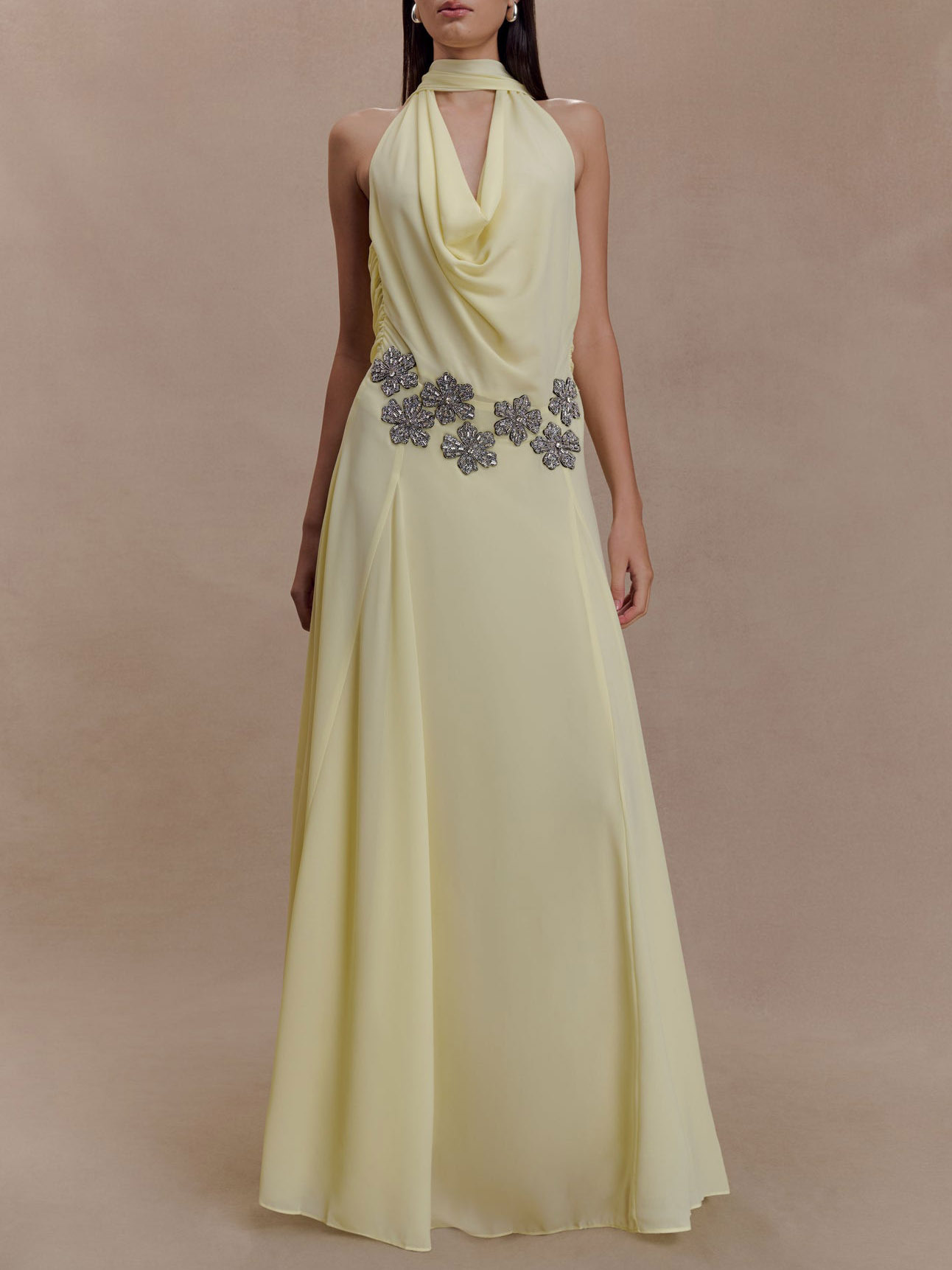Elegant Draped Halter Embellished Maxi Dress