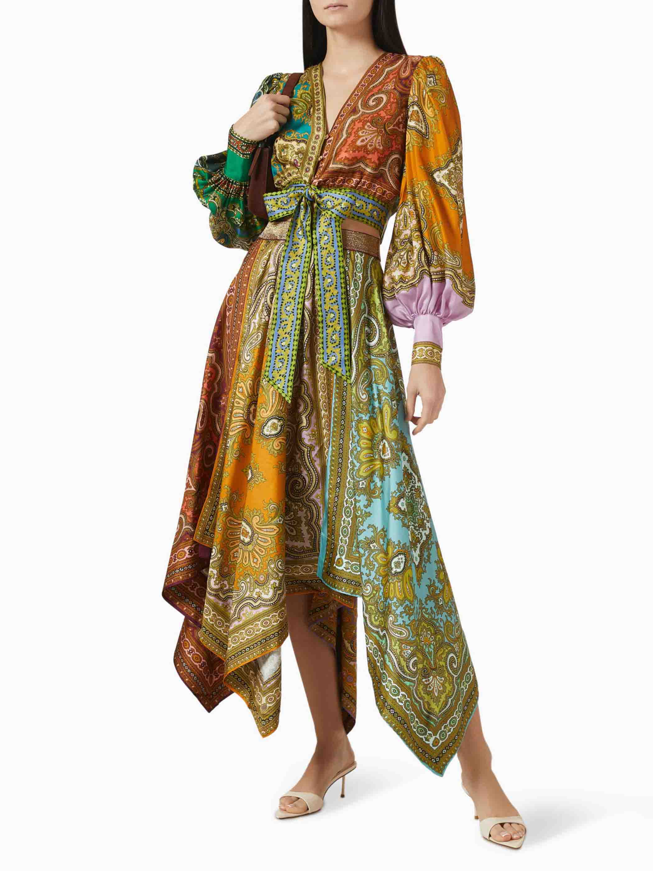 Exquisite Bohemian Paisley Print Satin Tie-Front Blouse