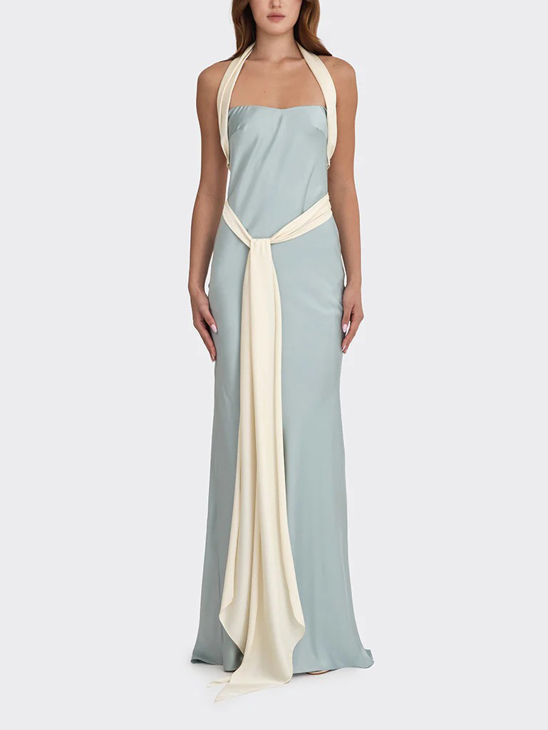 Elegant Satin Contrast Halter Neck Party Maxi Dress
