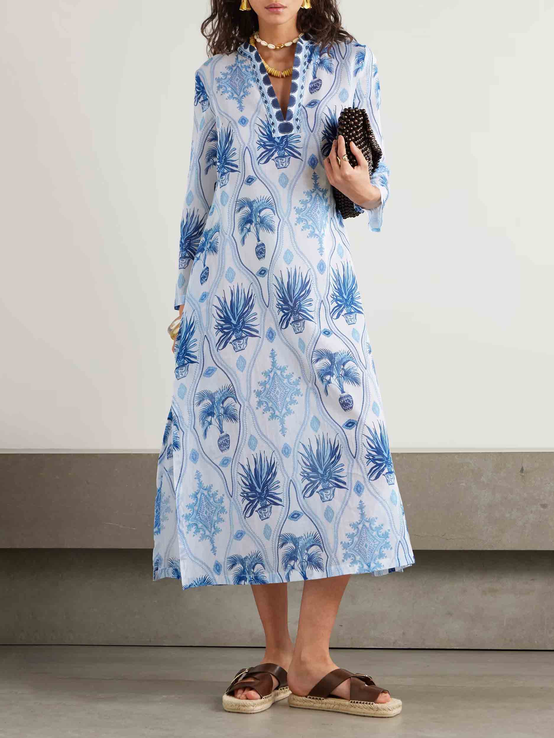 Elegant Blue Tropical Botanical Print Kaftan Dress