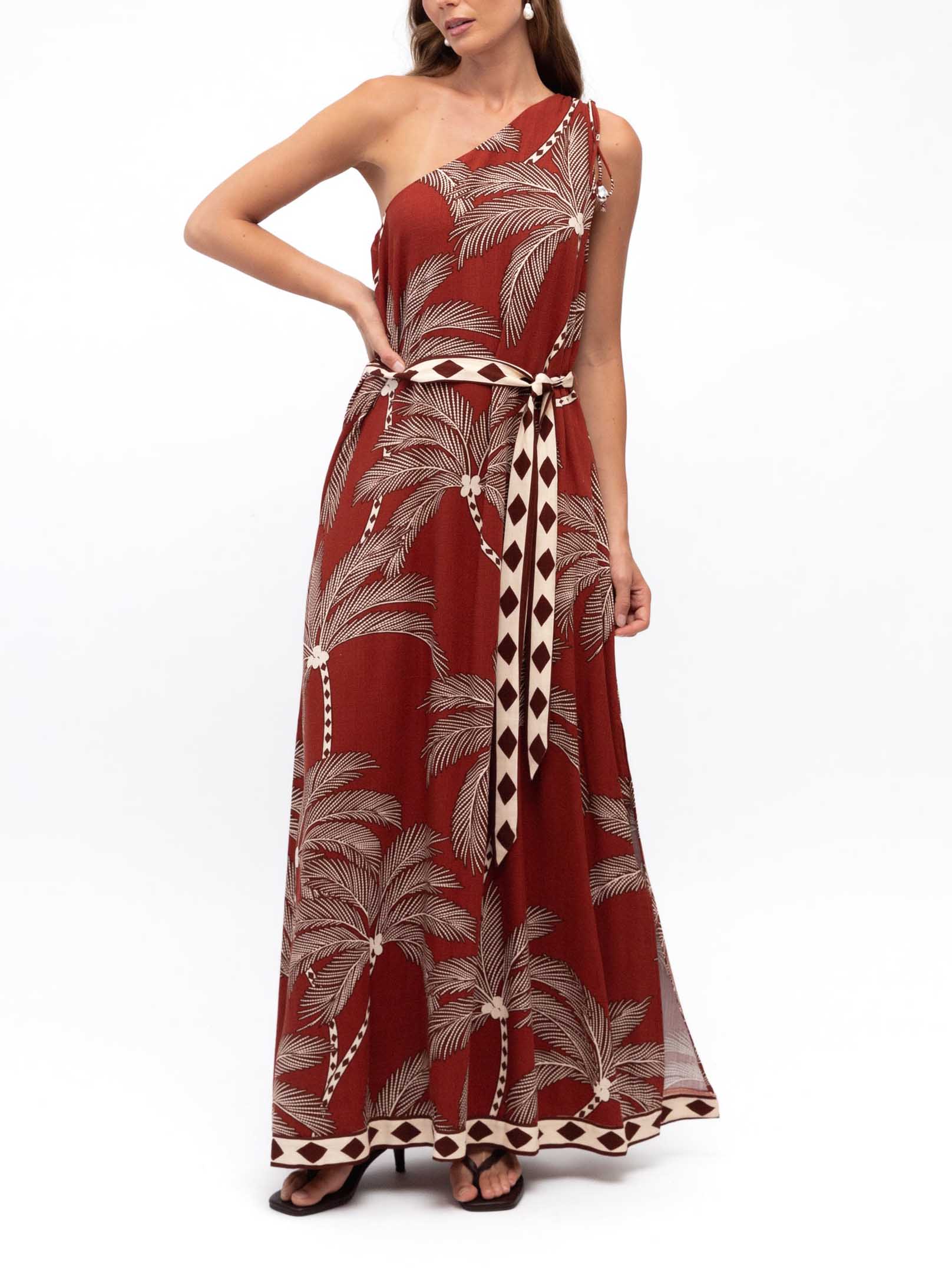 Retro Palm Tree Print One-Shoulder Flowy Maxi Dress