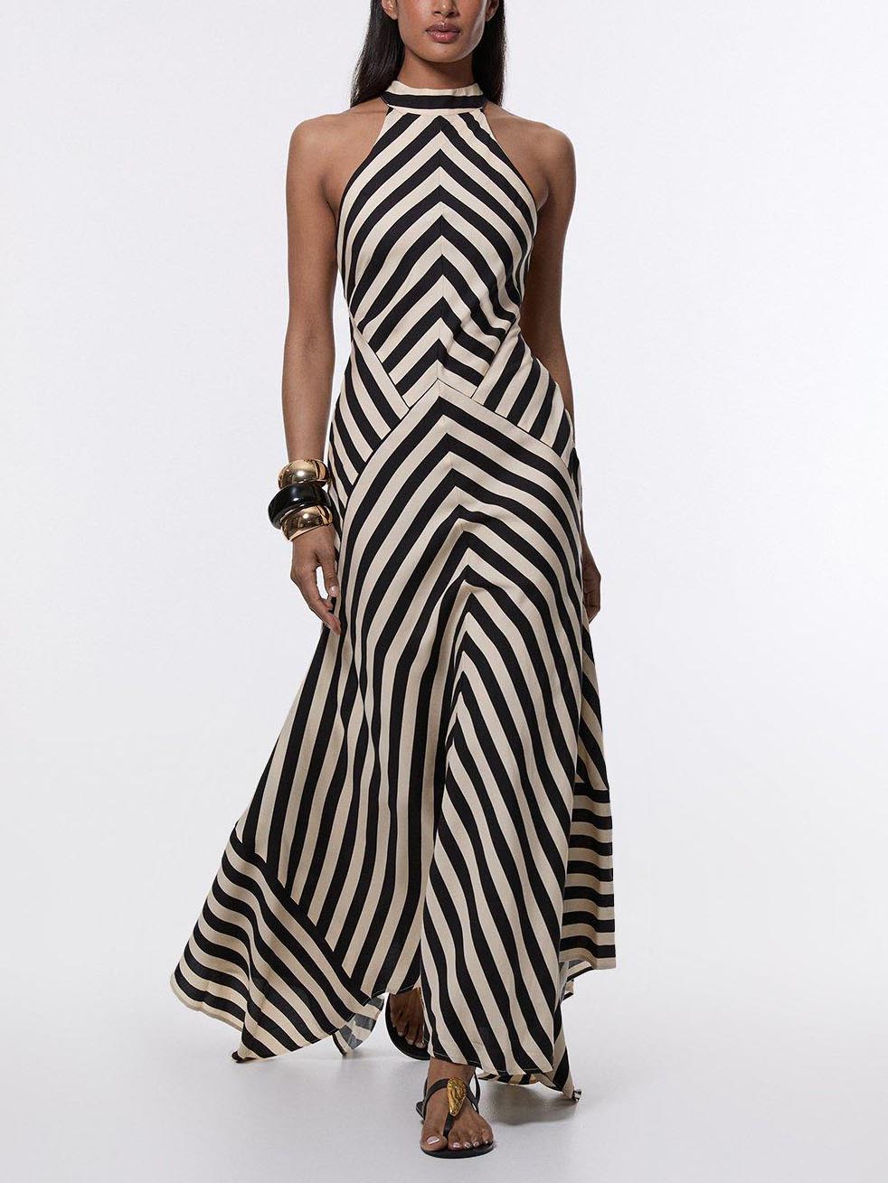 Open Back Asymmetric Striped Print Maxi Dress