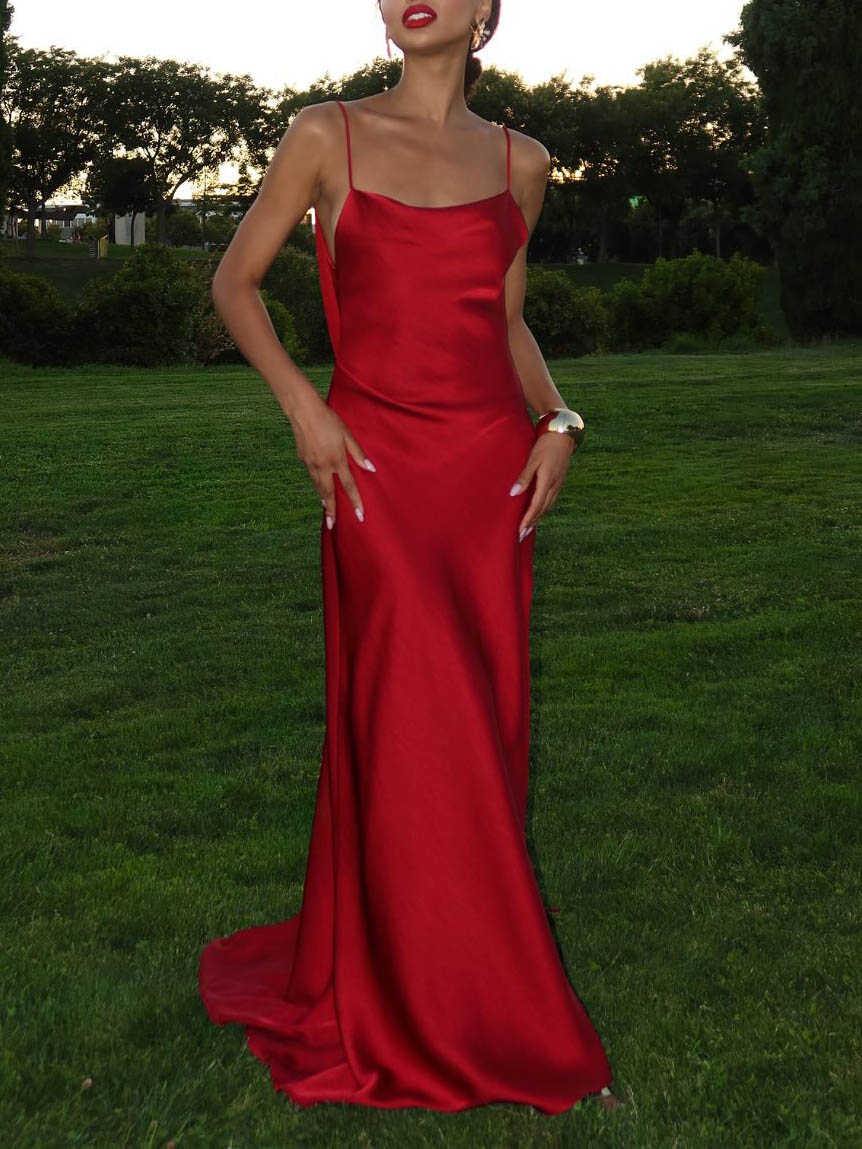 Sexy Backless Satin Side-Slit Maxi Dress