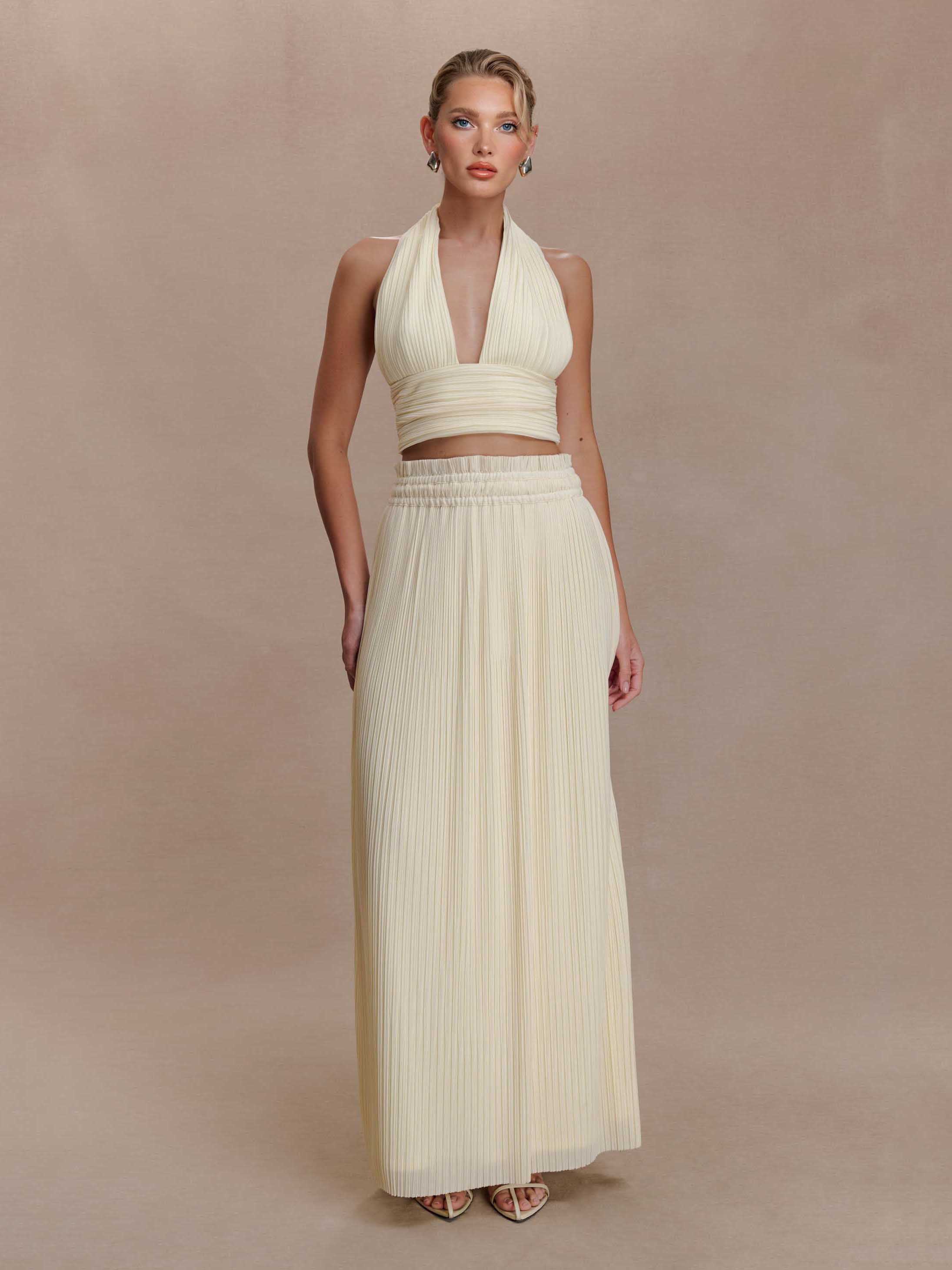 Backless Spaghetti Strap Crop Top &Pleated Maxi Skirt Two-Piece Set