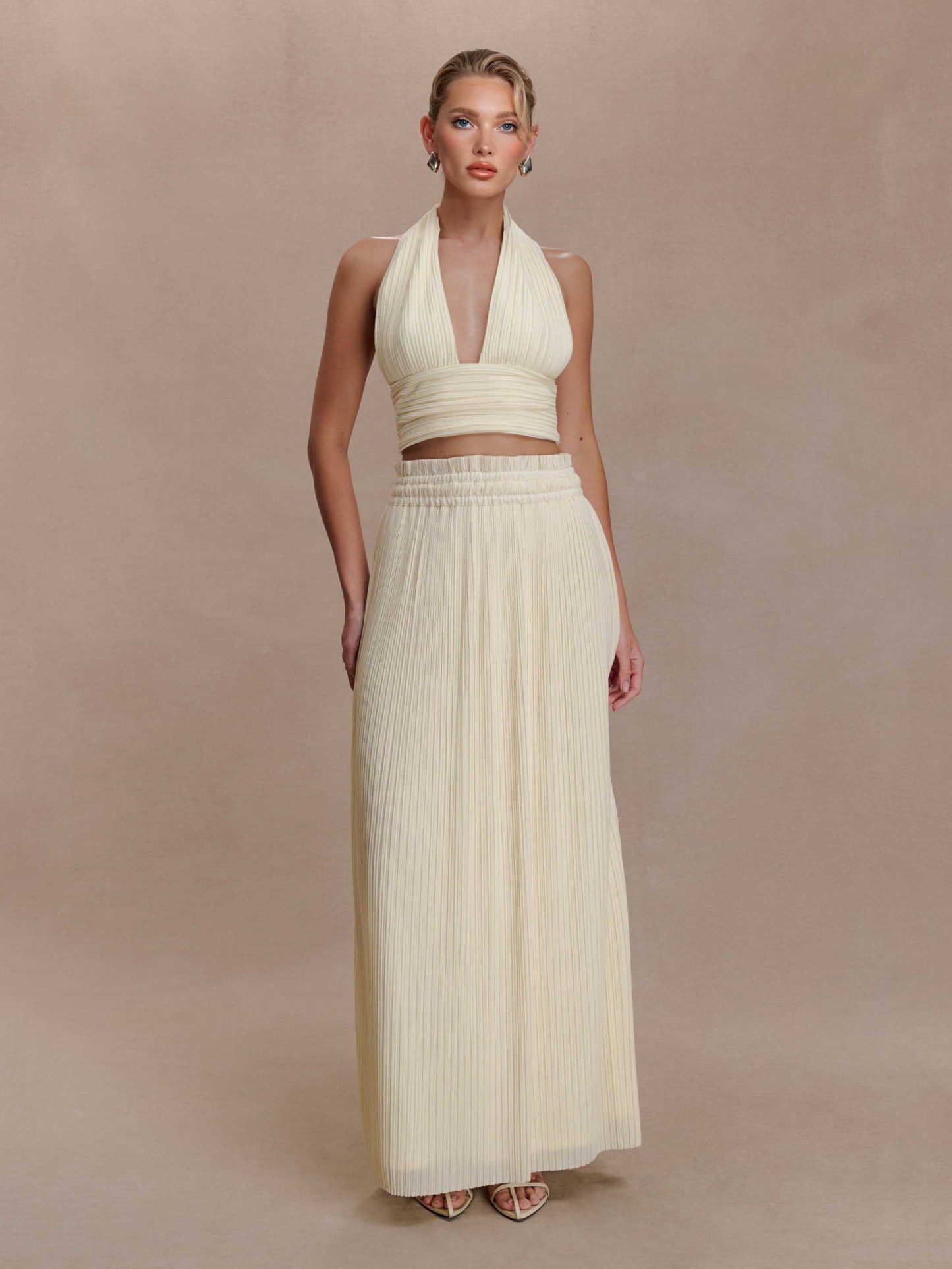 Backless Spaghetti Strap Crop Top &Pleated Maxi Skirt Two-Piece Set