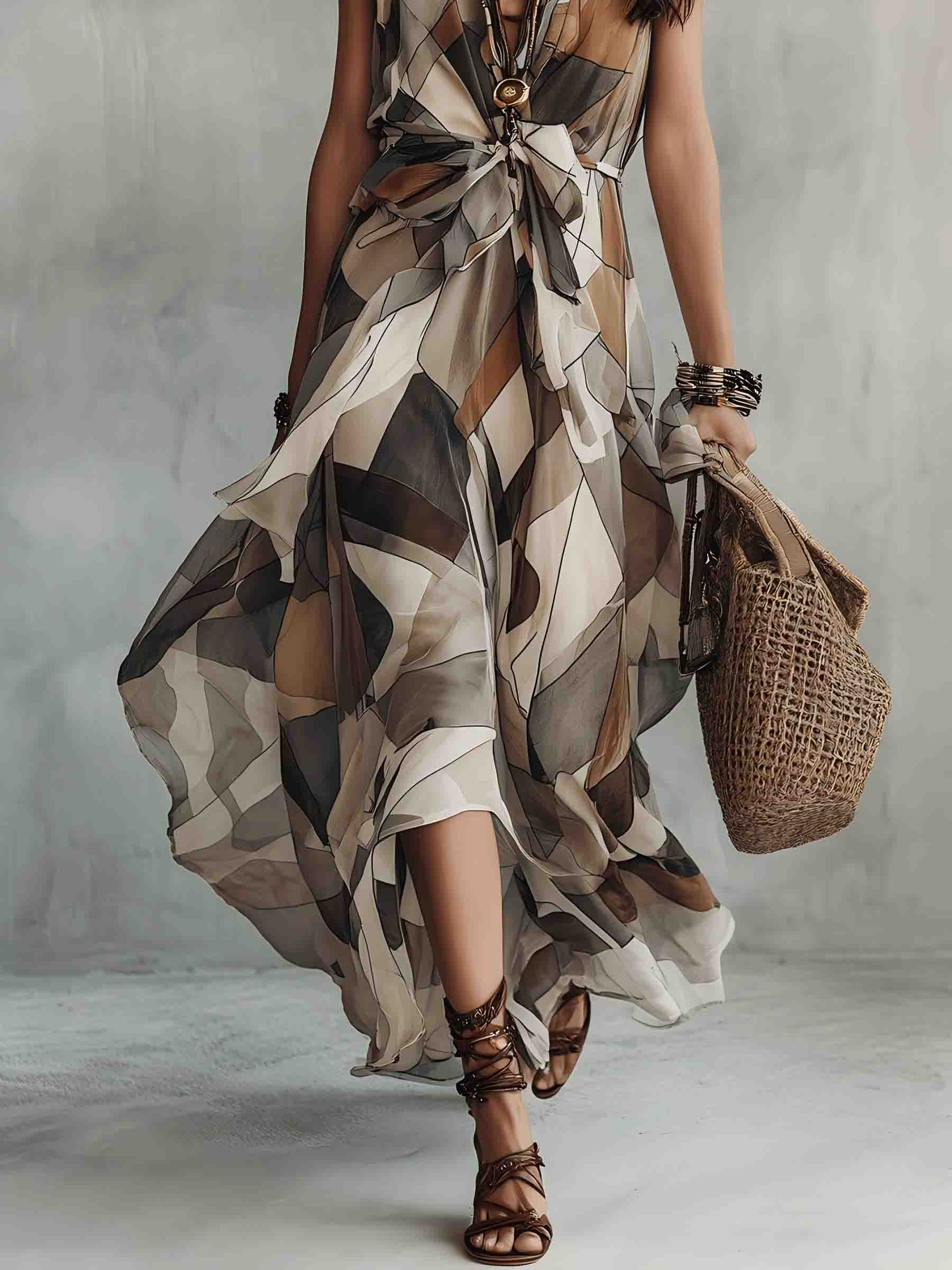 Retro Geometric Print Tie-Waist Maxi Dress