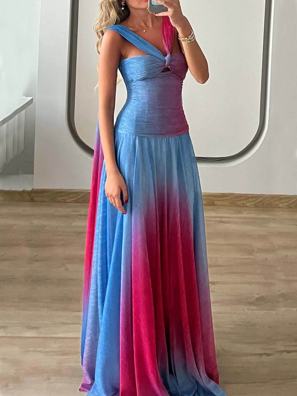 Delicate Ombre Print Twist-Detail Cutout Maxi Dress