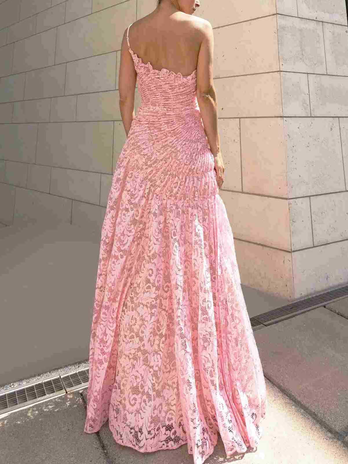 Elegant One-Shoulder Pleated Lace Maxi Dress