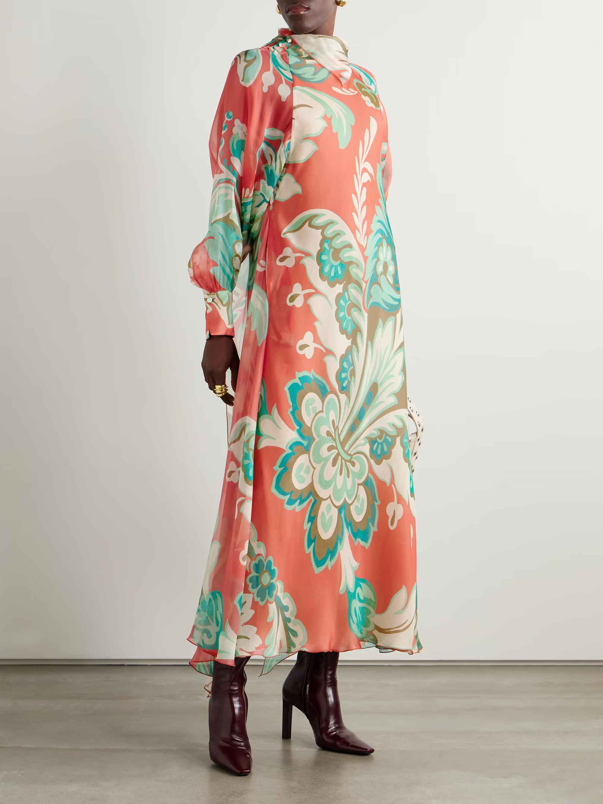 Unique Draped Floral-print Chiffon Maxi Dress