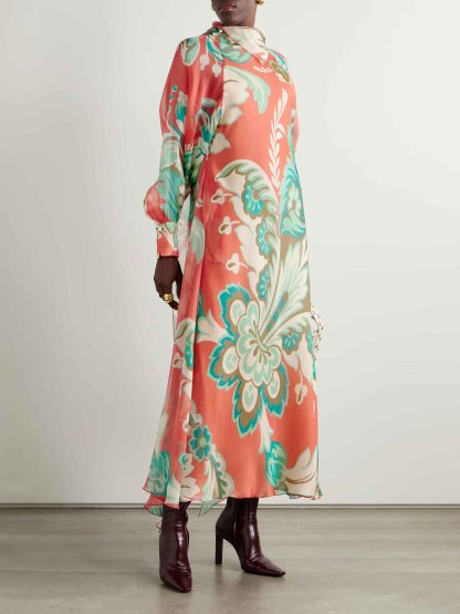 Unique Draped Floral-print Chiffon Maxi Dress
