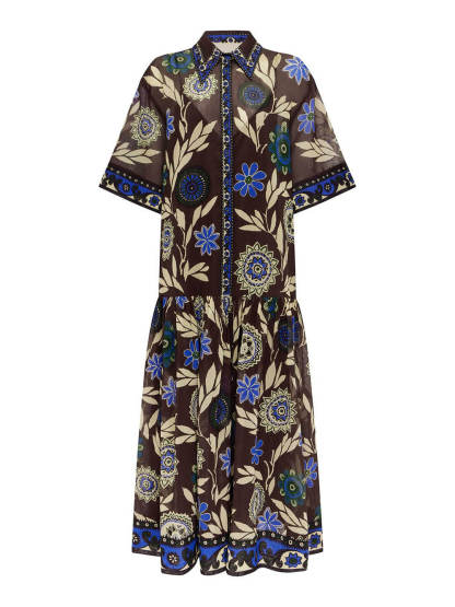 Retro Print Button-Front With Braided Rope Belt Maxi Shirtdress