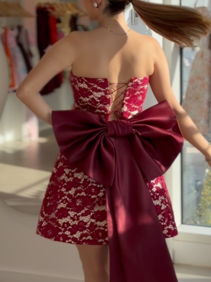 Elegant Strapless Lace Bow Mini Dress