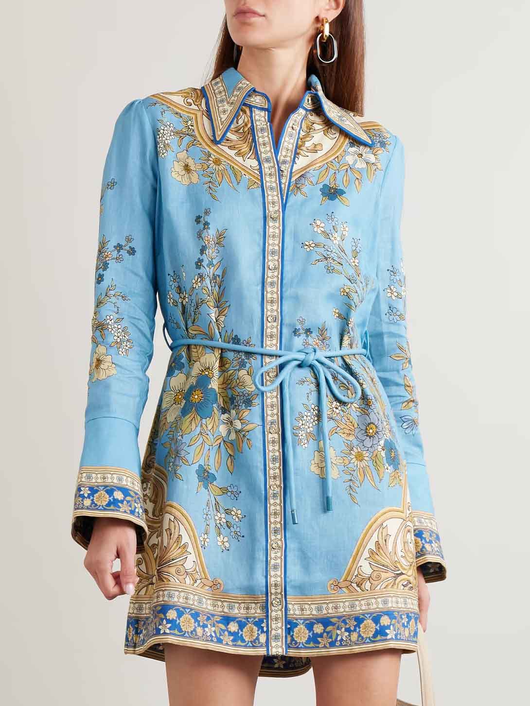 Exquisite Print Long-Sleeve Shirt Mini Dress
