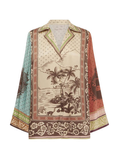 Unique Satin Floral Print Loose Button-Up Shirt