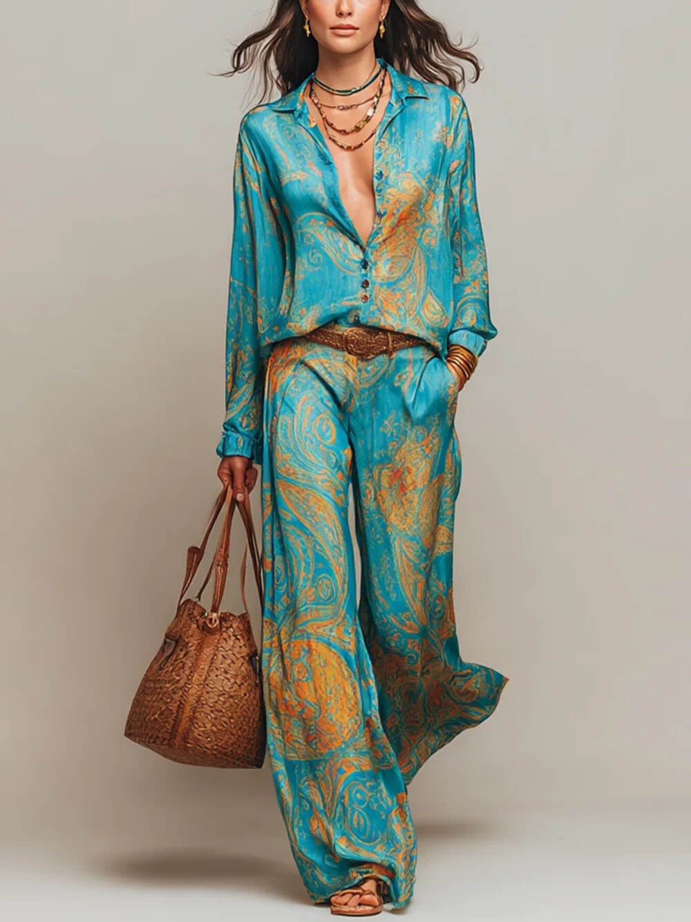 Unique Floral Print Button-Up Shirt and Elastic Waist Wide-Leg Pants Set