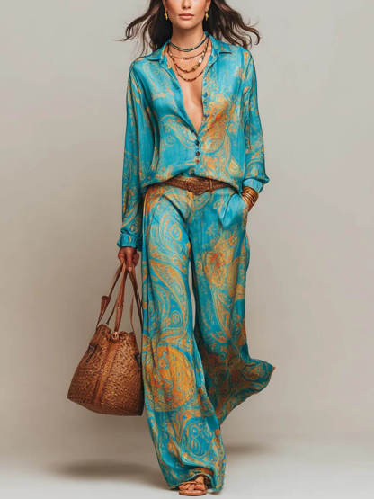 Unique Floral Print Button-Up Shirt and Elastic Waist Wide-Leg Pants Set