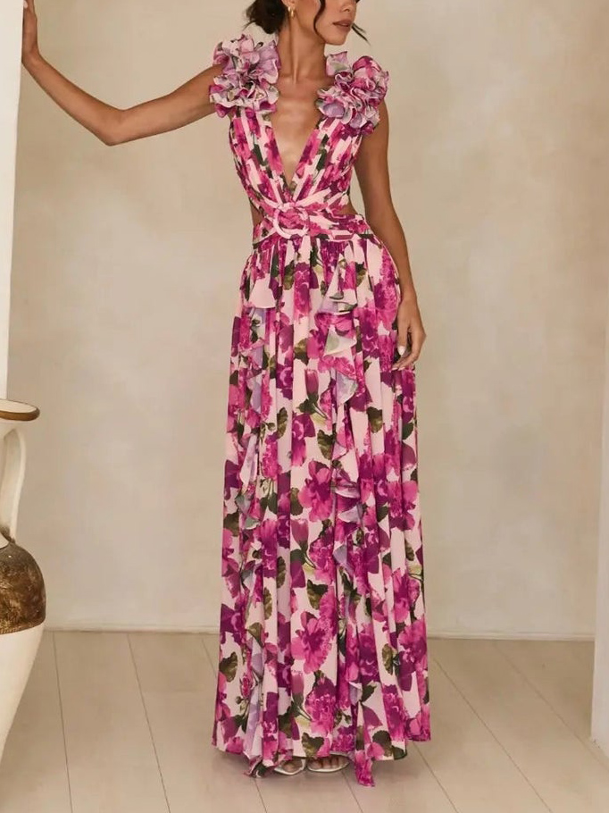 Elegant Floral Print Cut-Out Maxi Dress