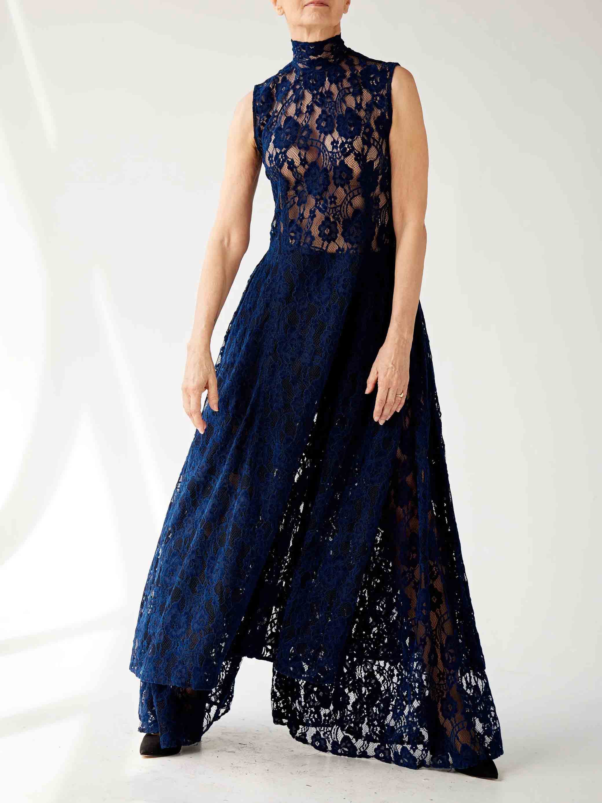 Elegant High-neck Lace Slit Long Top Two-piece Set