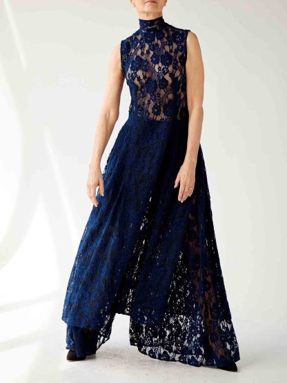 Elegant High-neck Lace Slit Long Top Two-piece Set