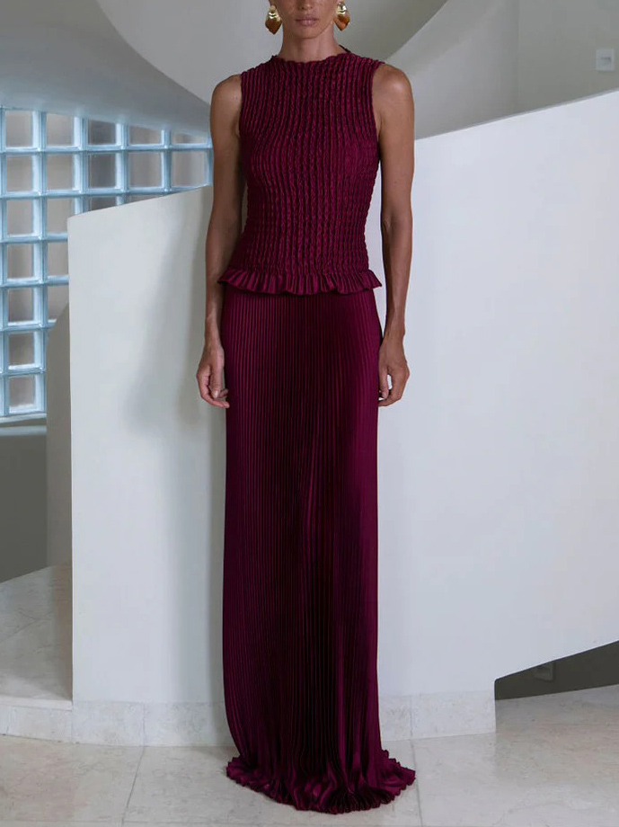 Elegant Sleeveless Pleated Vest Skirt Two-Piece Set