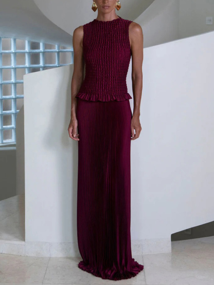 Elegant Sleeveless Pleated Vest Skirt Two-Piece Set