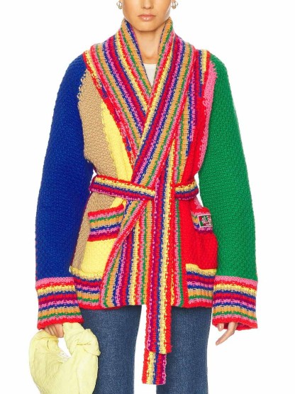Unique Color-Block Hand-Knitted Belted Cardigan
