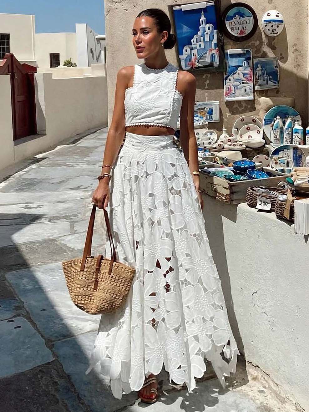 Elegant Openwork Floral Lace Short Vest Two-piece Set