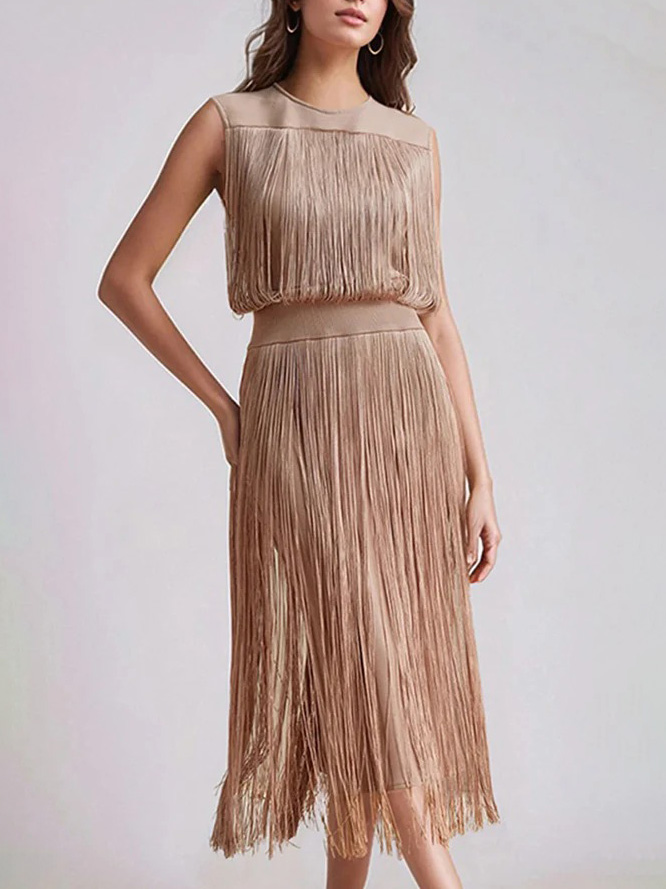 Elegant Sleeveless High Waist Slim Tassel Midi Dress