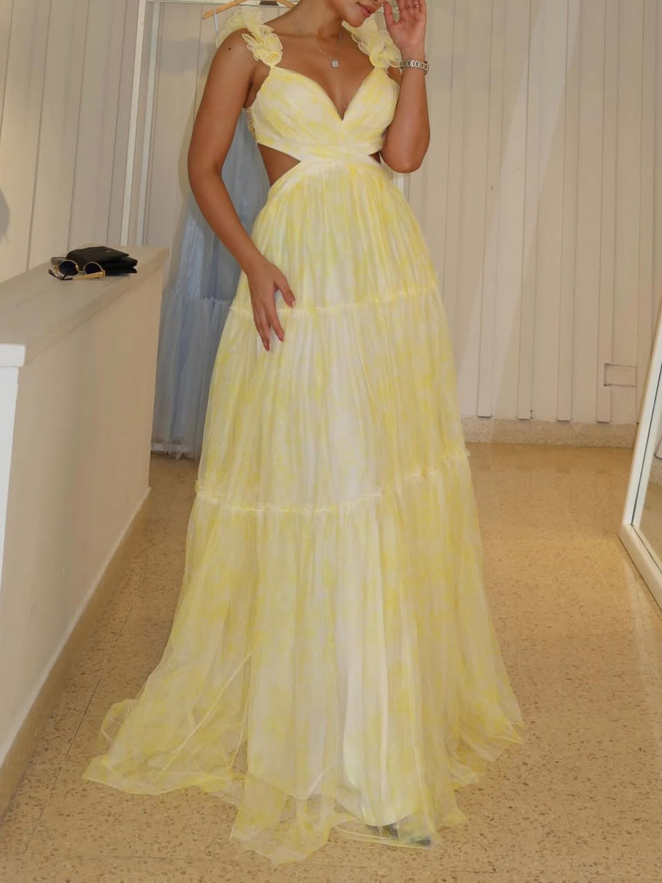 Elegant Floral Print Ruffle Strap Chiffon Maxi Dress