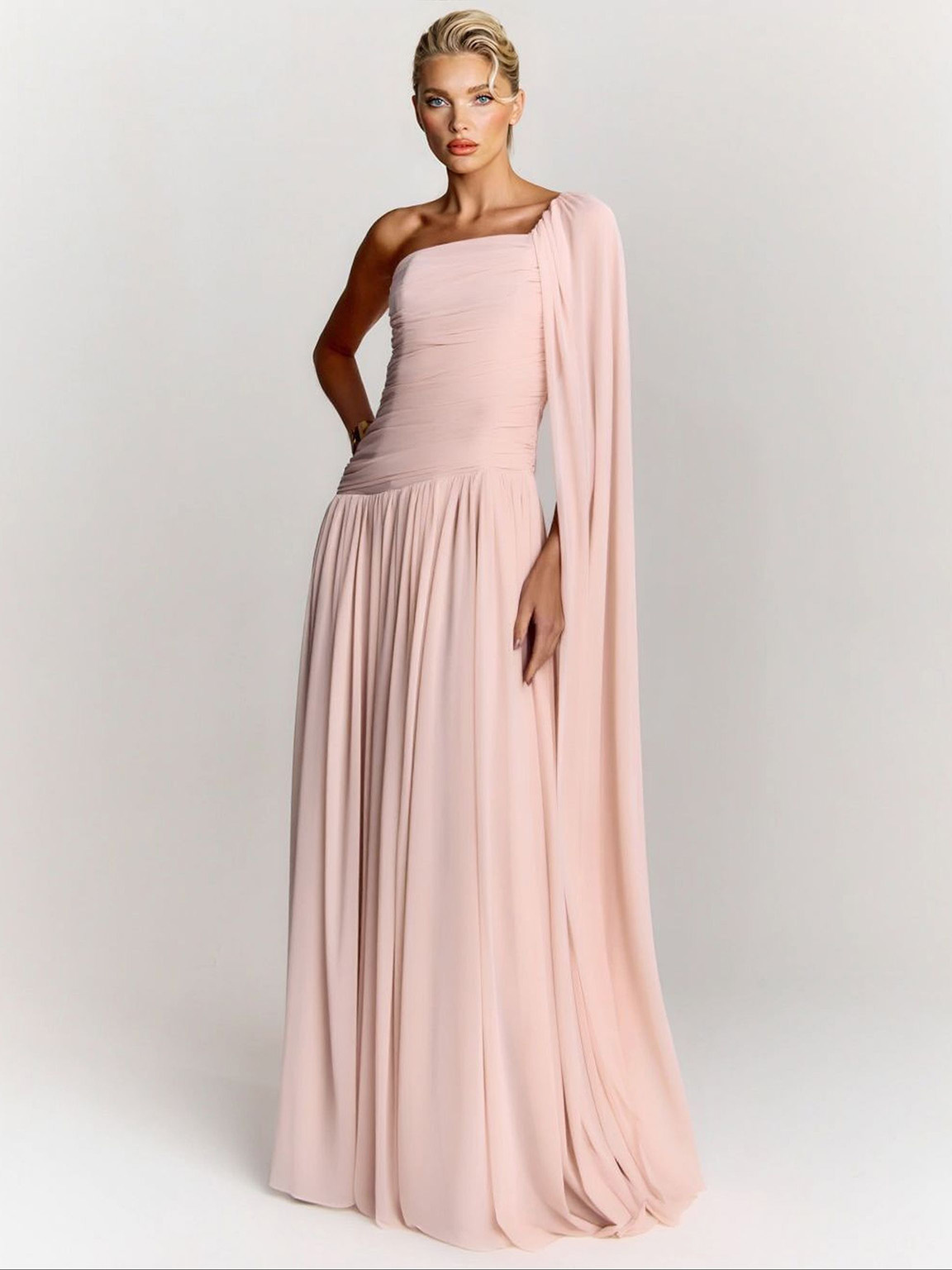 Elegant One-Shoulder Ruched Chiffon Maxi Dress