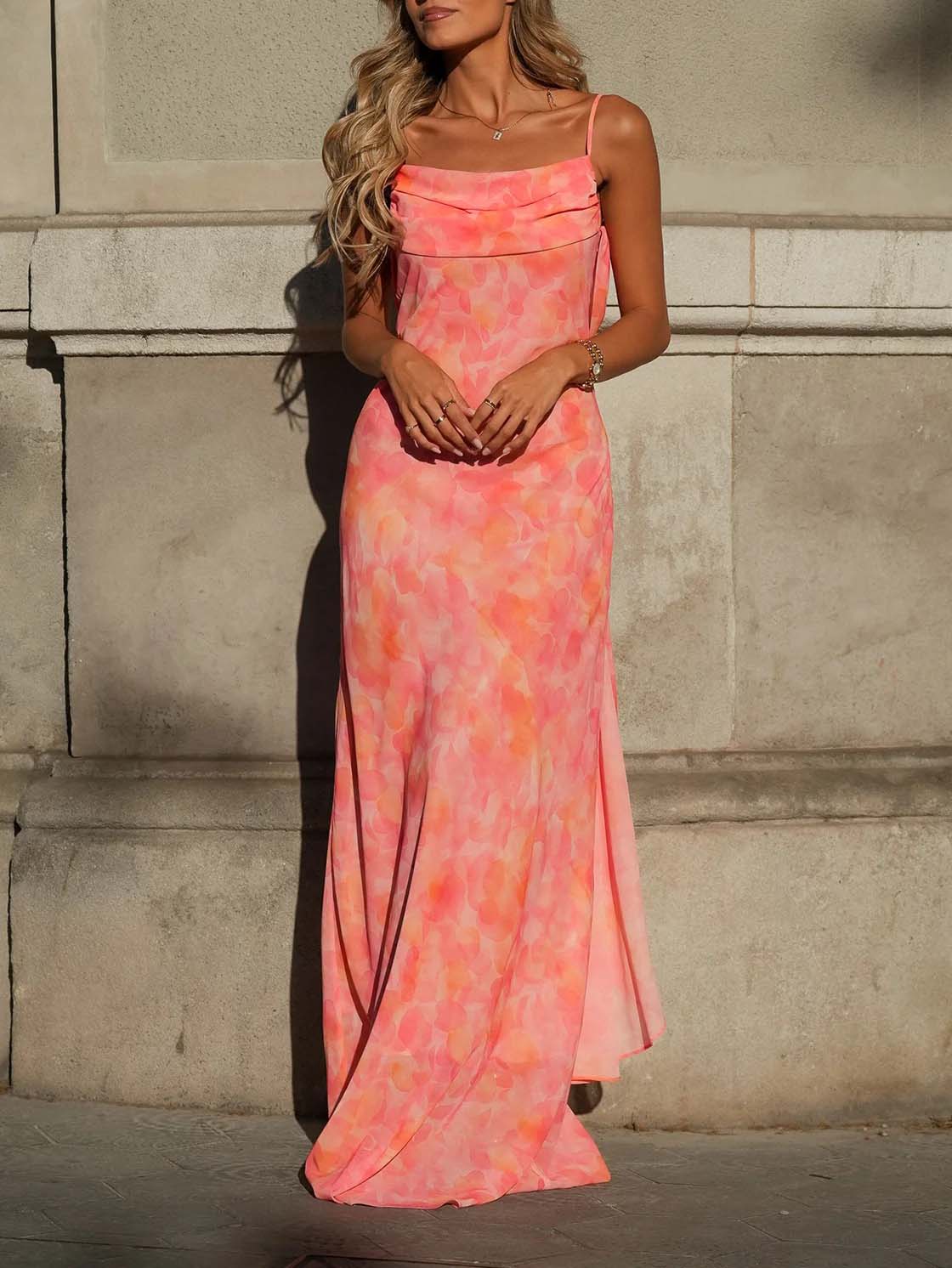 Elegant Watercolor Print Chiffon Maxi Dress