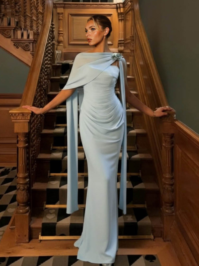 Elegant Satin Chiffon Boat Neck Shawl Fitted Maxi Dress