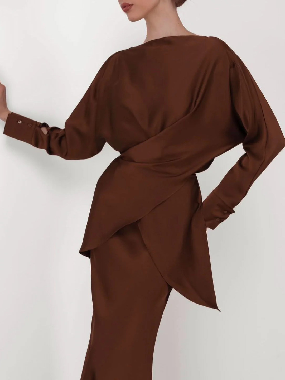 Elegant Asymmetrical Satin Long-sleeved Shirt