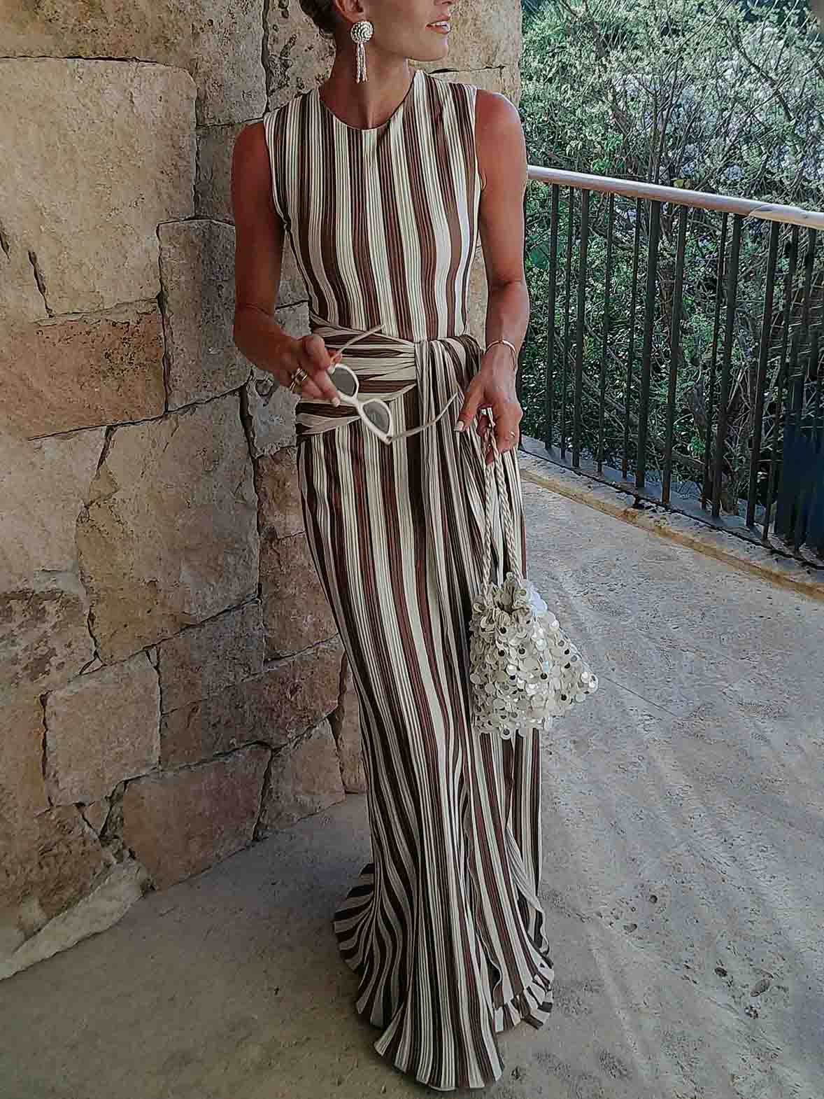 Elegant Striped Sleeveless Tie-Waist Maxi Dress