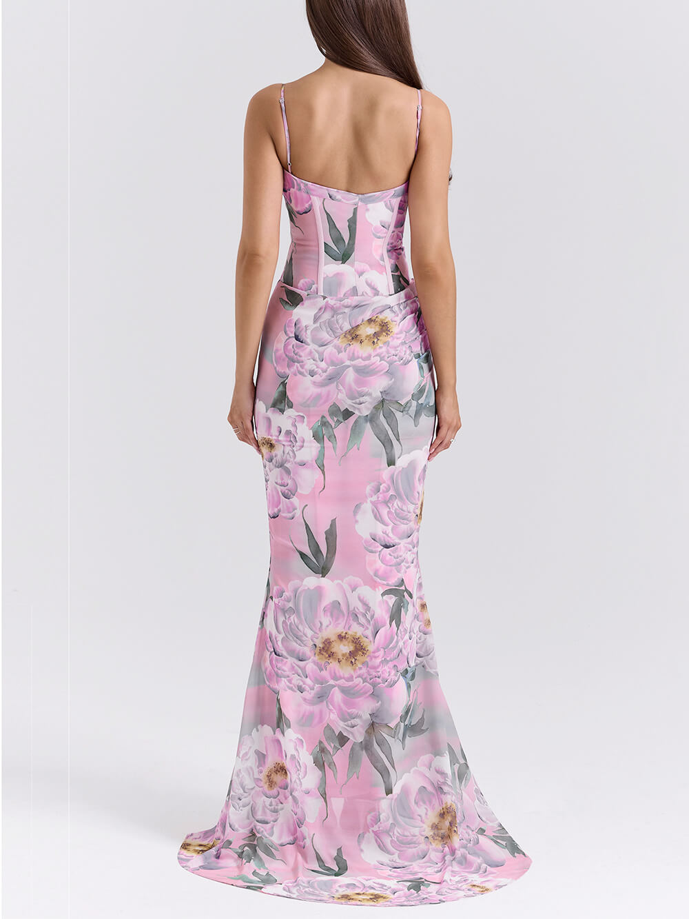Retro Pink Floral Print Corset Maxi Dress