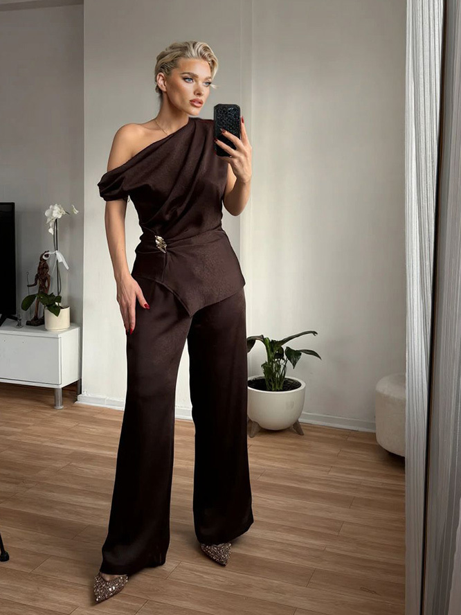 Elegant Satin One-Shoulder Draped Top & Wide-Leg Pants Two-Piece Set