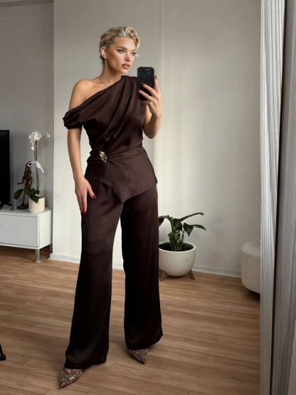 Elegant Satin One-Shoulder Draped Top & Wide-Leg Pants Two-Piece Set