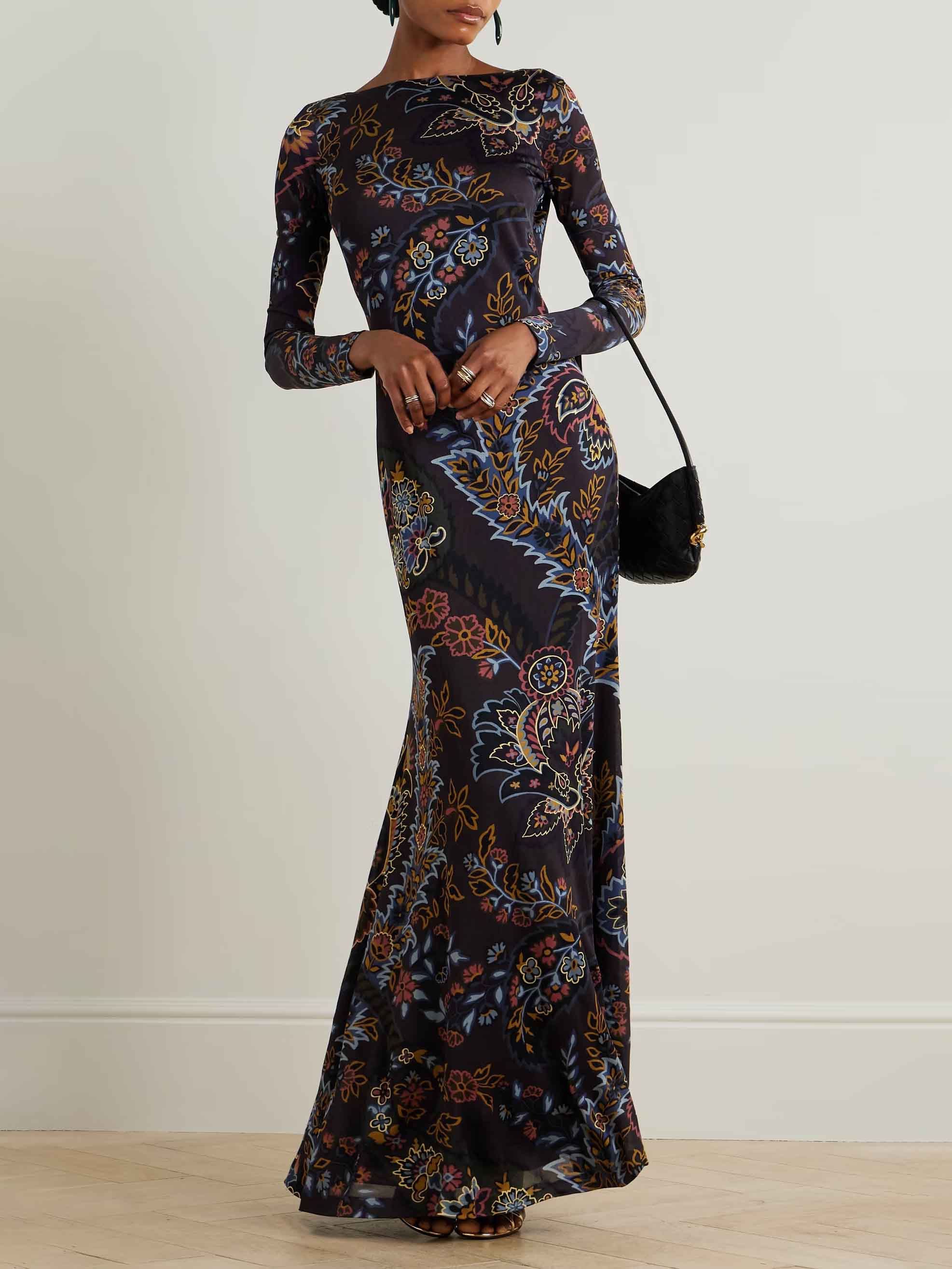 Open Back Paisley Floral Print Knitted Maxi Dress