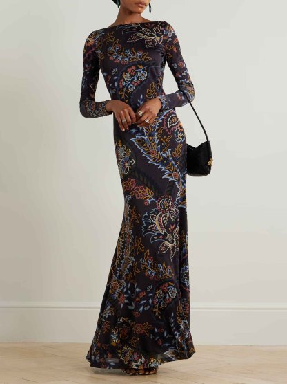 Open Back Paisley Floral Print Knitted Maxi Dress